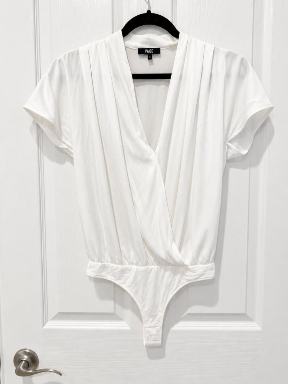 PAIGE Women’s XS Ivory Draped Surplice V Neck Bodysuit Short Sleeve